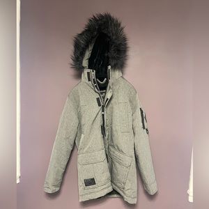 Hollister all weather collection grey coat with faux fur black trim small